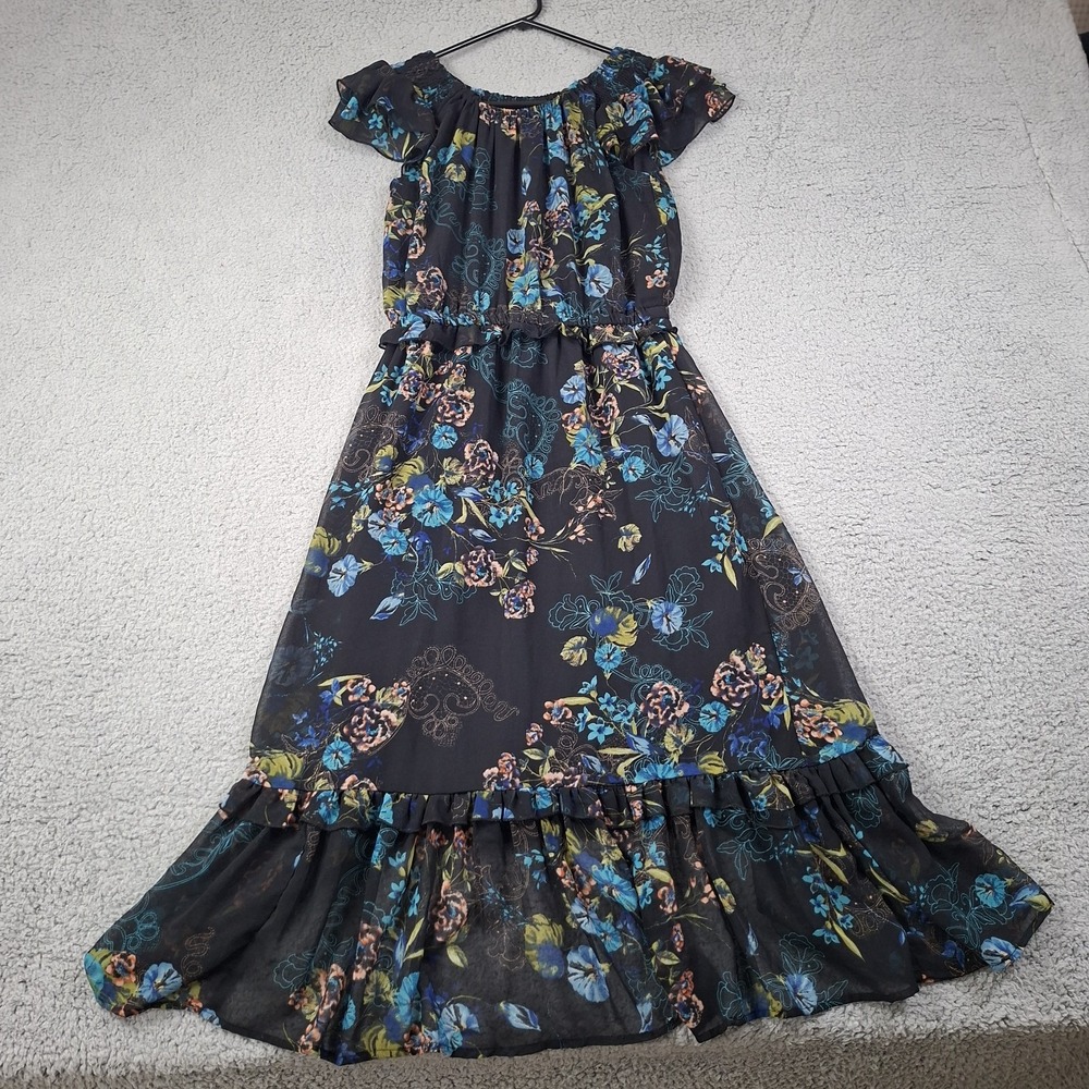 Black Floral Midi Dress L Elastic Waist On/Off Shoulder Ruffle Hem Boho Flowy